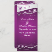 紫色のシルバーグレーの結婚スノーフレークのメニューカード メニュー (正面/裏面)