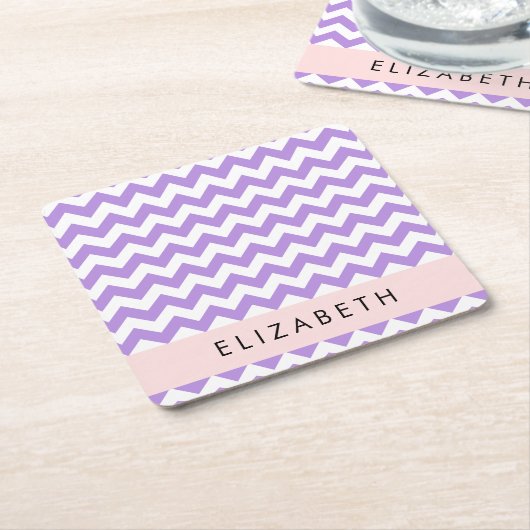紫色のジグザグ、紫のシェブロン、あなたの名前 スクエアペーパーコースター (アングル)