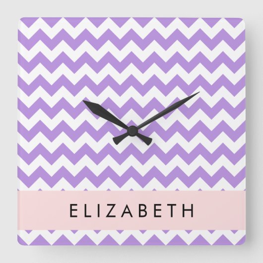 紫色のジグザグ、紫のシェブロン、あなたの名前 スクエア壁時計 (正面)
