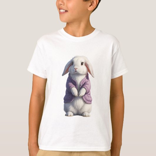 紫色のジャケットを着たかわいいウサギの子供服 Tシャツ (正面)