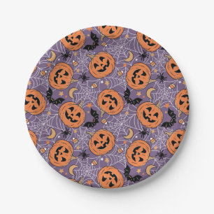 紫色のジャック・O・ランタンのハロウィンパターン ペーパープレート