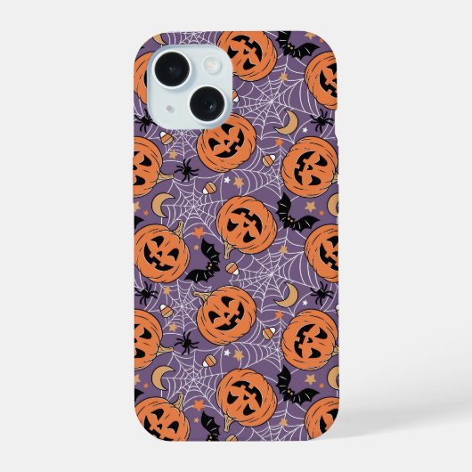 紫色のジャック・O・ランタンのハロウィンパターン iPhone 15ケース (裏面)