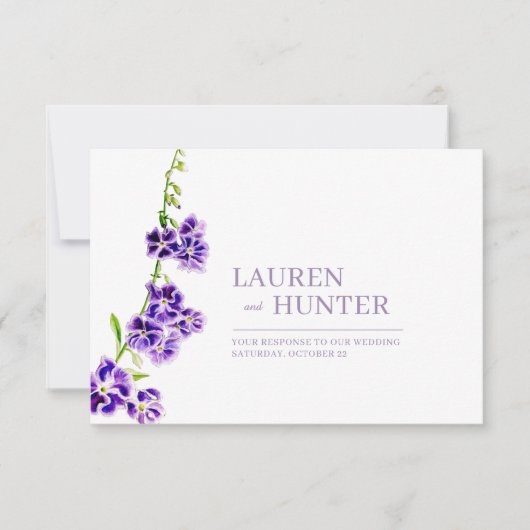 紫色のスカイフラワーの水の色の結婚食事オプション 出欠カード (正面)
