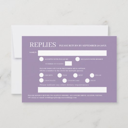 紫色のスカイフラワーの水の色の結婚食事オプション 出欠カード (裏面)