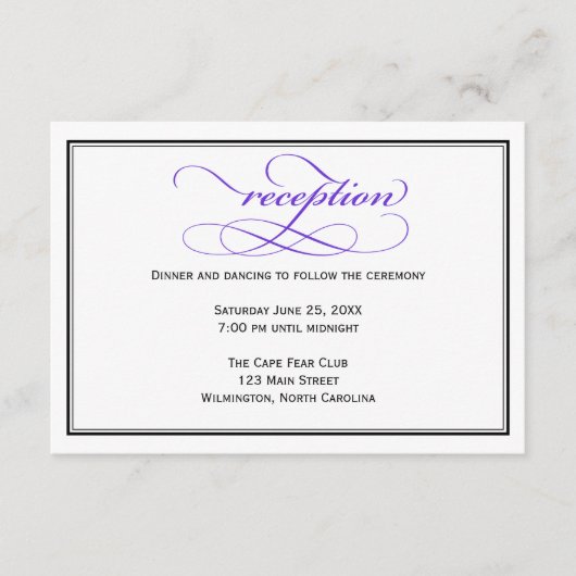 紫色のスクリプトウェディングレセプション詳細カード エンクロージャーカード (正面)