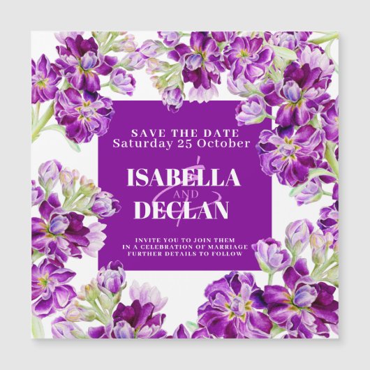 紫色のストックフラワーウェディング日付を保存 (正面)