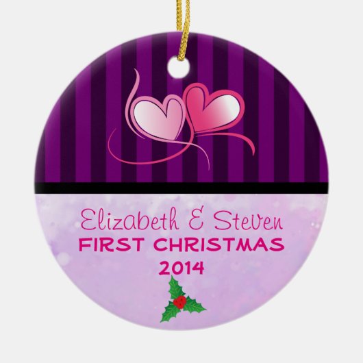 紫色のストライプと柔らかいラベンダーのテクスチャ セラミックオーナメント (正面)