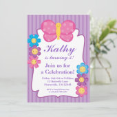 紫色のストライプのな蝶誕生日のパーティの招待状 招待状 (スタンド正面)