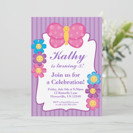 紫色のストライプのな蝶誕生日のパーティの招待状 招待状