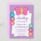 紫色のストライプのな蝶誕生日のパーティの招待状 招待状 (正面/裏面)