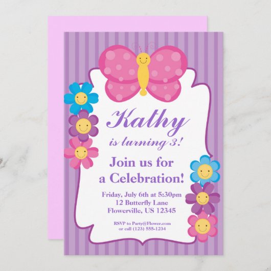 紫色のストライプのな蝶誕生日のパーティの招待状 招待状 (正面/裏面)