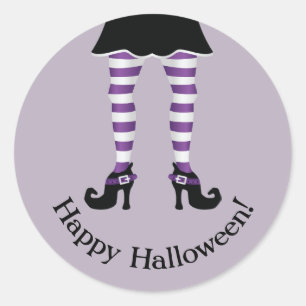 紫色のストライプの魔女の脚 Happy Halloween テキスト ラウンドシール