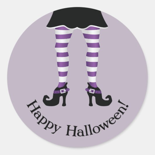 紫色のストライプの魔女の脚 Happy Halloween テキスト ラウンドシール (正面)