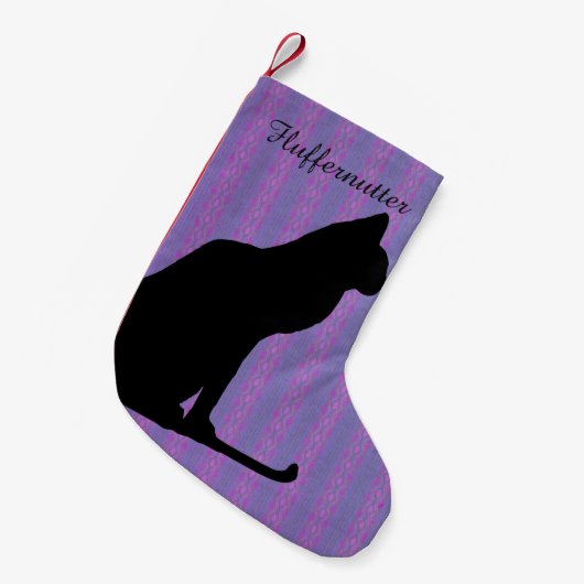 紫色のストライプの黒猫のシルエット スモールクリスマスストッキング (正面 (吊り時))