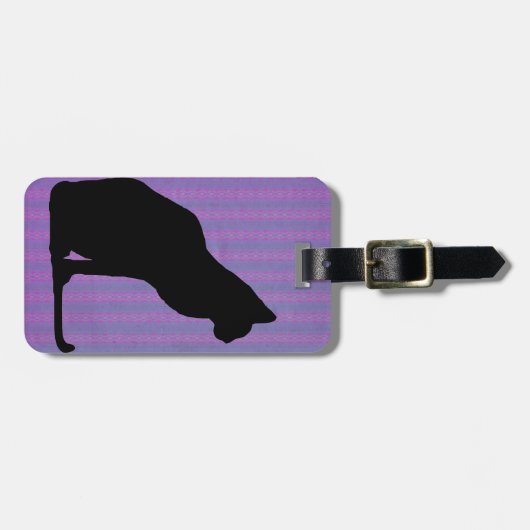 紫色のストライプの黒猫のシルエット ラゲッジタグ (正面横)