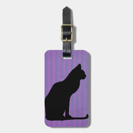 紫色のストライプの黒猫のシルエット ラゲッジタグ (正面縦)