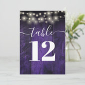 紫色のストリングラ素朴イトBarn Woodテーブル番号 招待状 (スタンド正面)