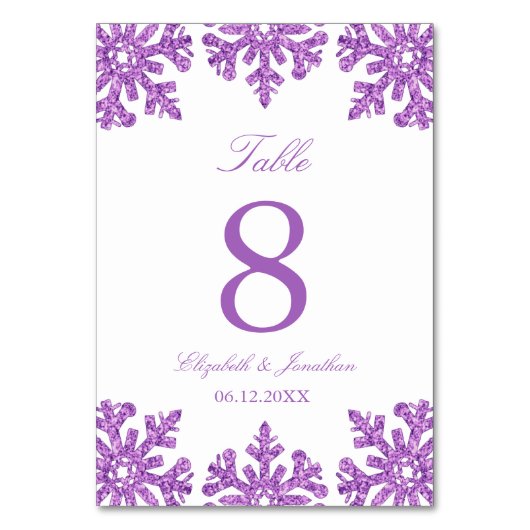 紫色のスノーフレーク冬の結婚式 テーブルナンバー (正面)