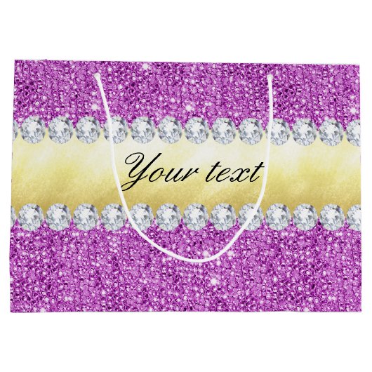 紫色のスパンコールの金ゴールドホイルのきらきら光るなダイヤモンド ラージペーパーバッグ (裏面)