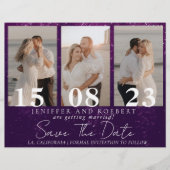 紫色のスパークリー写真コラージュ日付カードを保存 チラシ (正面)