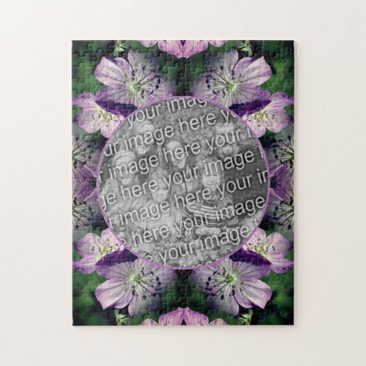 紫色のゼラニウム花フレームあなたの写真を追加 ジグソーパズル (縦)