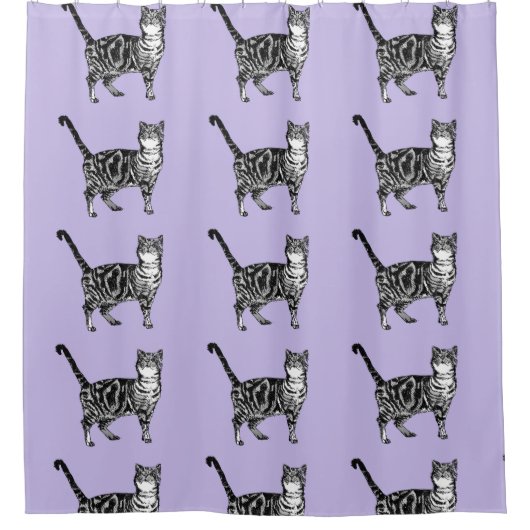 紫色のタビー猫かわいい猫アートシャワーカーテン シャワーカーテン (正面)