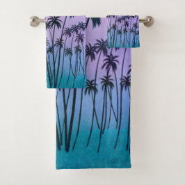 紫色のターコイズのPalmTrees、イニシャル付き/なし バスタオルセット