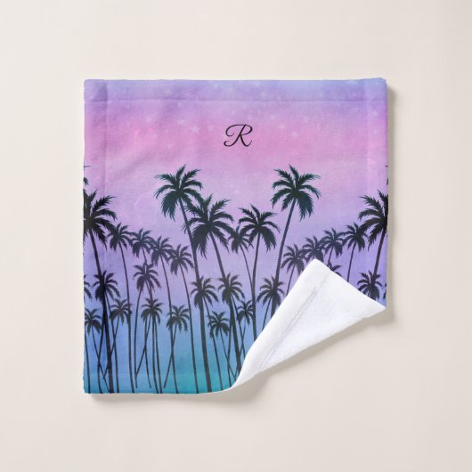 紫色のターコイズのPalmTrees、イニシャル付き/なし バスタオルセット (ウォッシュタオル)