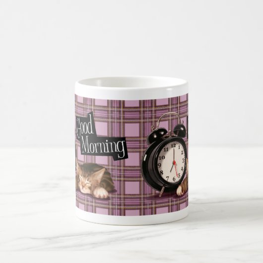 紫色のタータンチェックの子ネコ コーヒーマグカップ (中央)