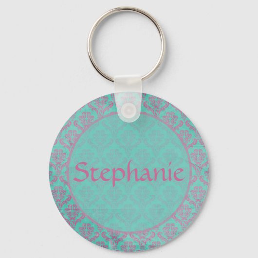 紫色のダマスクのカスタマイズ可能な名前ボタンのキーチェーン キーホルダー (正面)