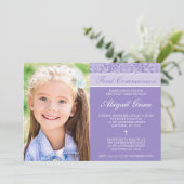 紫色のダマスクの女の子の写真ファースト・コミュニオン 招待状 (スタンド正面)