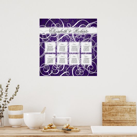 紫色のダマスクの渦巻き旋回8テーブルの座席表 ポスター (キッチン)