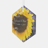 紫色のダマスクの結婚式のクリスマスにヒマワリ ガラスオーナメント (正面左)