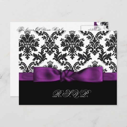 紫色のダマスクウェディングsvpカード インビテーションポストカード (正面/裏面)