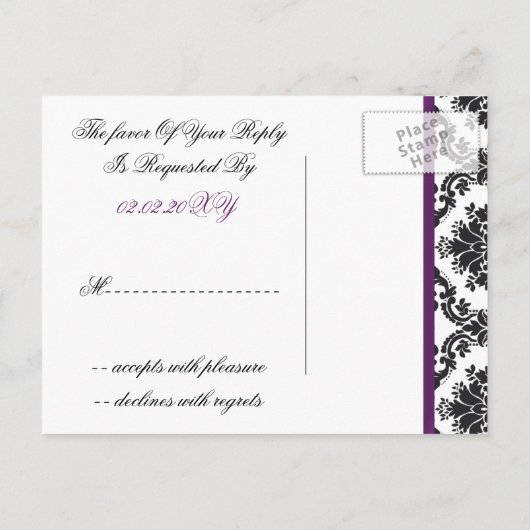 紫色のダマスクウェディングsvpカード インビテーションポストカード (裏面)