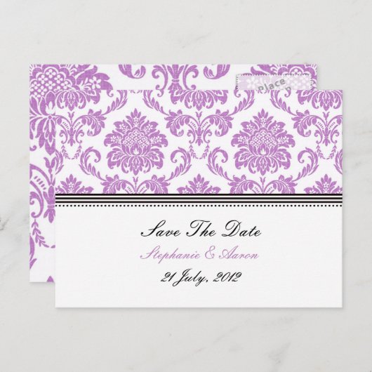 紫色のダマスク日付のはがきを保存 案内ポストカード (正面/裏面)