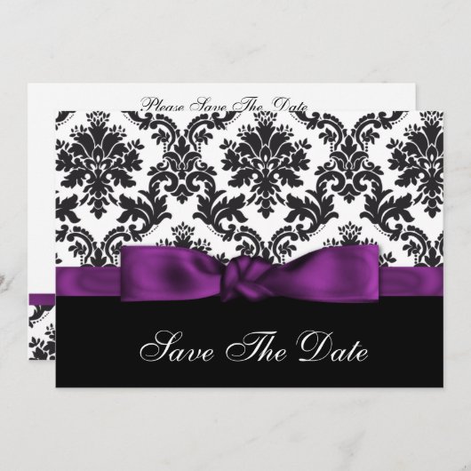 紫色のダマスク日付を保存 セーブザデート (正面/裏面)