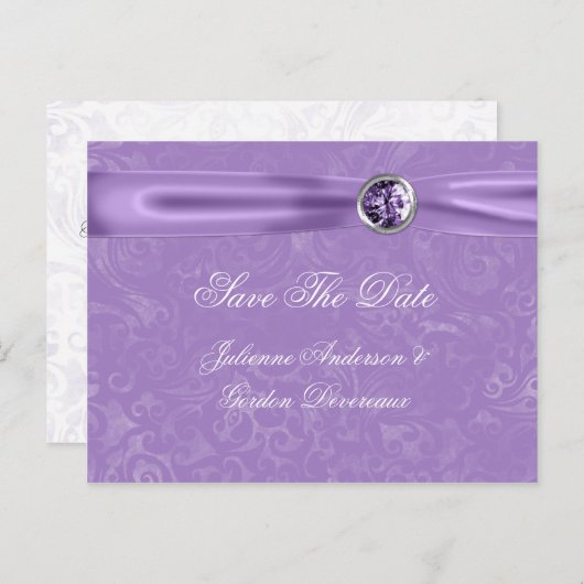 紫色のダマスク紫のリボン宝石の日付を保存 案内ポストカード (正面/裏面)