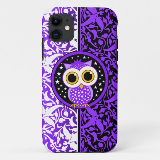 紫色のダマスク織およびかわいいフクロウ Case-Mate iPhoneケース (裏面)