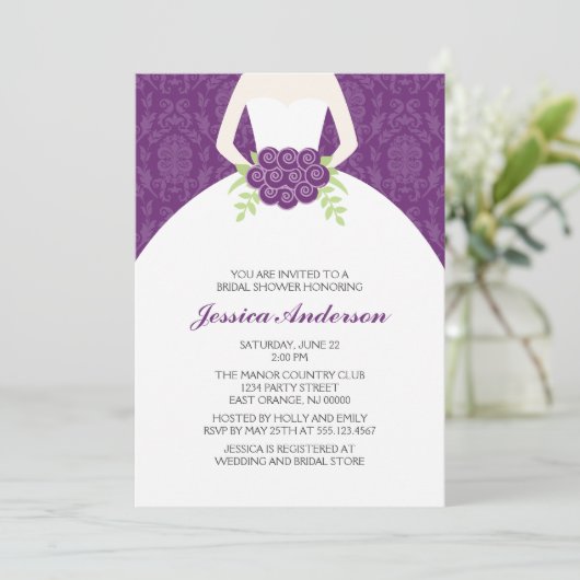 紫色のダマスク織および花のブライダルシャワー 招待状 (スタンド正面)