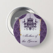 紫色のダマスク織のカーテンおよびシャンデリアのブライダルパーティ 缶バッジ (正面&裏面)