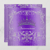 紫色のダマスク織のキンセアニェラのダイヤモンドのティアラの招待 招待状 (正面/裏面)