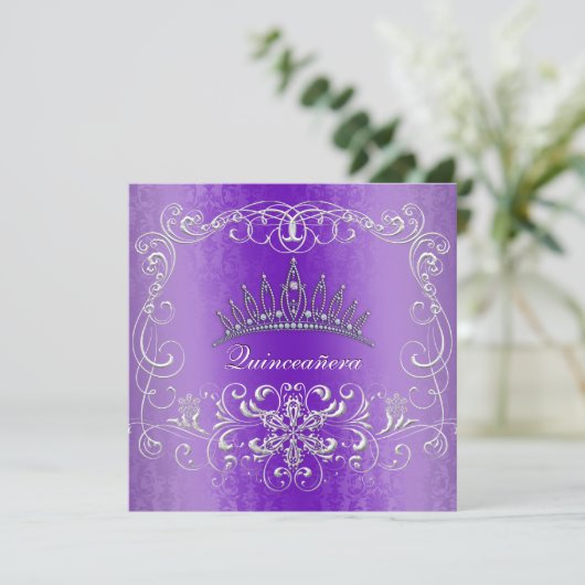 紫色のダマスク織のキンセアニェラのダイヤモンドのティアラの招待 招待状 (スタンド正面)