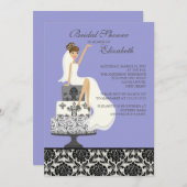 紫色のダマスク織のブルネットの花嫁のブライダルシャワー 招待状 (正面/裏面)
