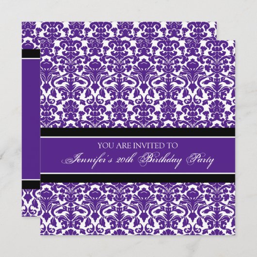 紫色のダマスク織の第20バースデーパーティ招待状 招待状 (正面/裏面)
