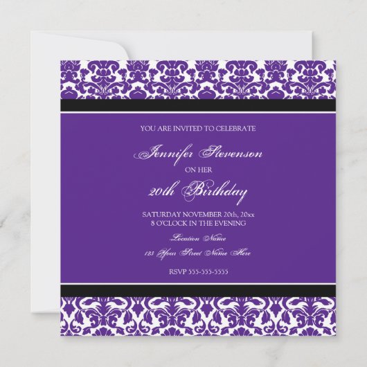 紫色のダマスク織の第20バースデーパーティ招待状 招待状 (裏面)