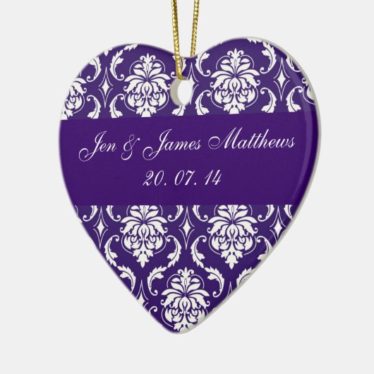 紫色のダマスク織の結婚式はオーナメント感謝していしています セラミックオーナメント (左)
