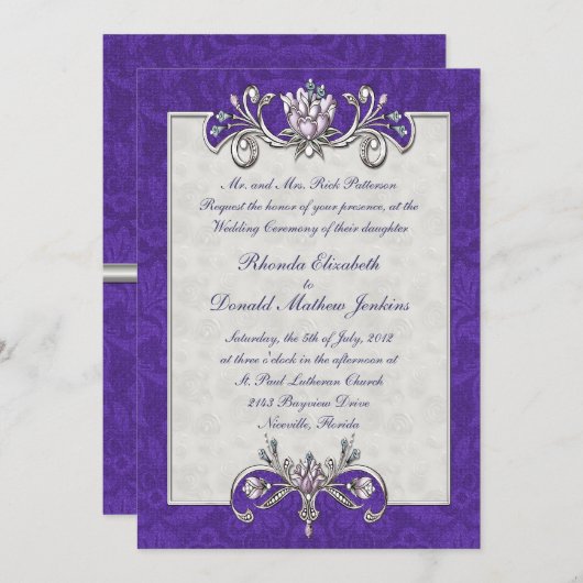 紫色のダマスク織の結婚式招待状 招待状 (正面/裏面)