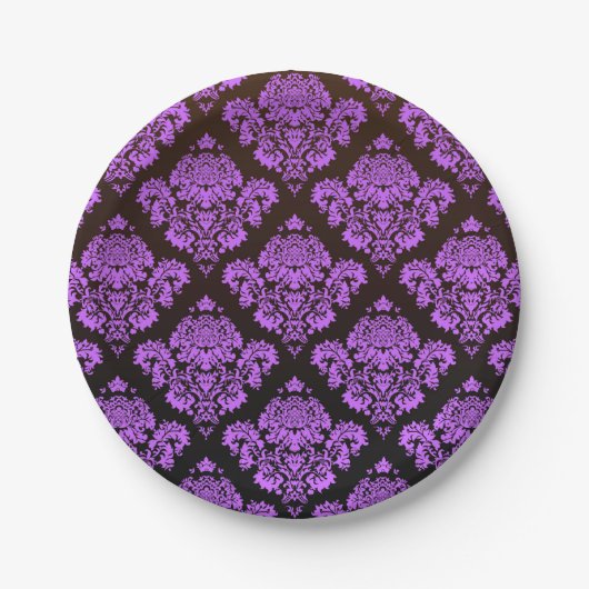 、紫色のダマスク織、ヴィンテージ、アンティーク、パターン、上品、e黒い ペーパープレート (正面)