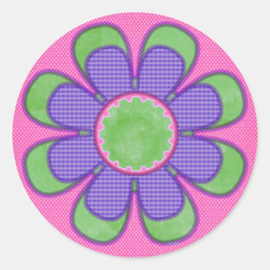 紫色のチェックフラワー ラウンドシール (正面)